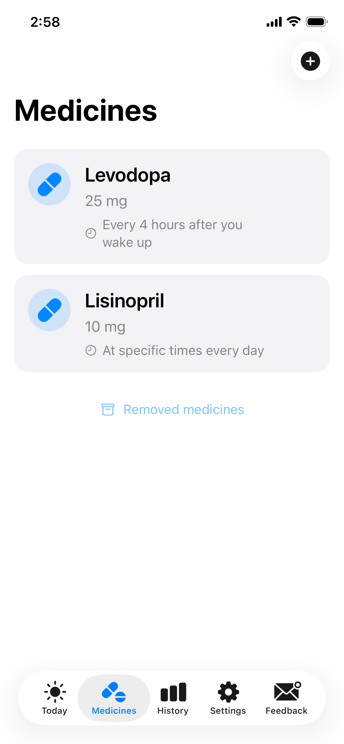 Taken Medicines screen showing two schedule types
