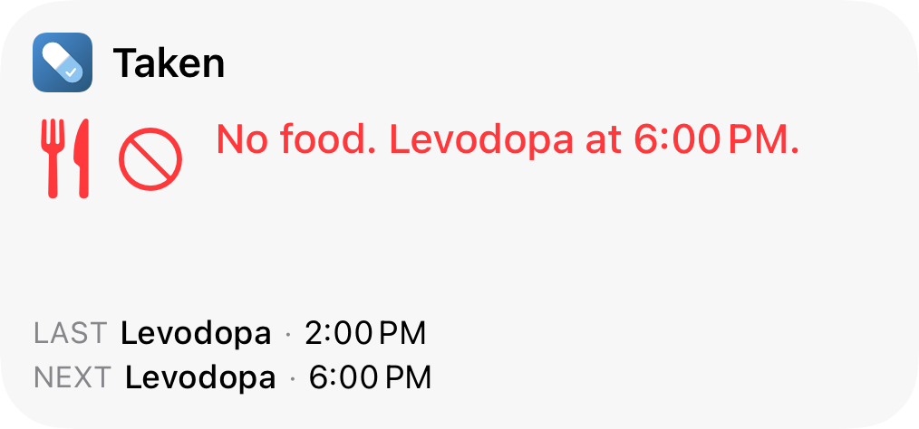 Taken Home Screen widget: 'No food. Levodopa at 6:00 PM.' with the last and next dose times